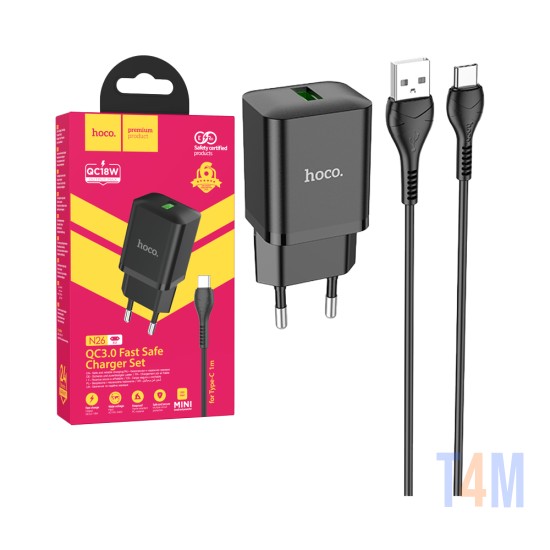 Hoco Charger N26 Maxim PD18w Qc3.0 Type-C Cable 1m Black